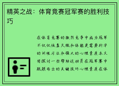 精英之战：体育竞赛冠军赛的胜利技巧